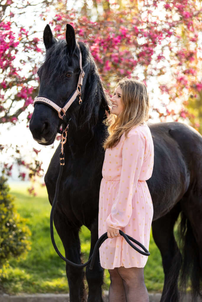 Fries paard en een vrouw tussen de roze bloesem_2