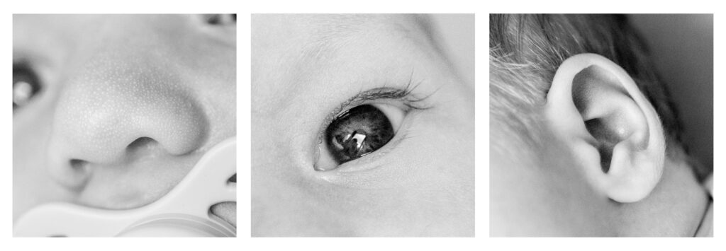 Close-up foto's van een baby neus, oog en oor_2