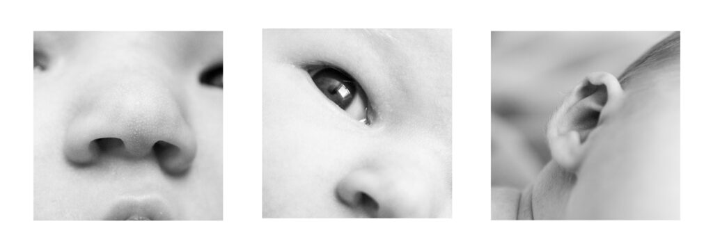 Close-up foto's van een baby neus, oog en oor